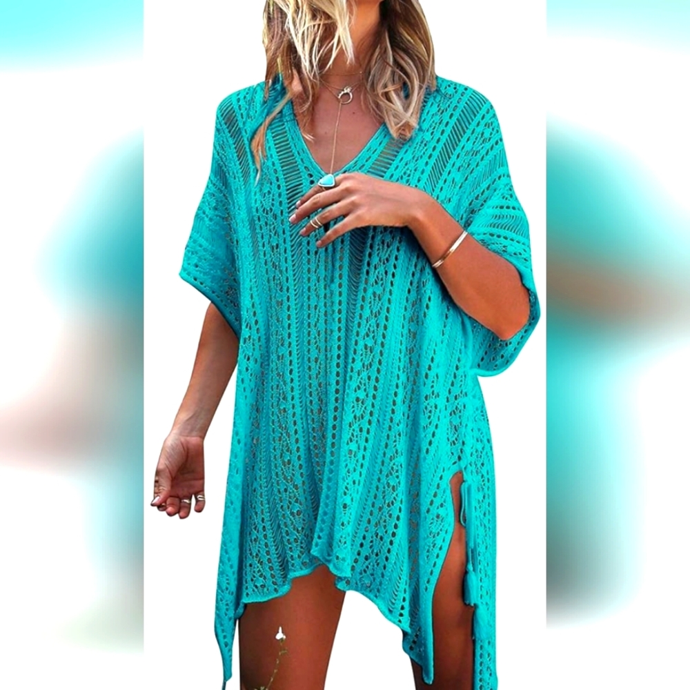 Crochet cover-up boho beach pool sexy teal tassles